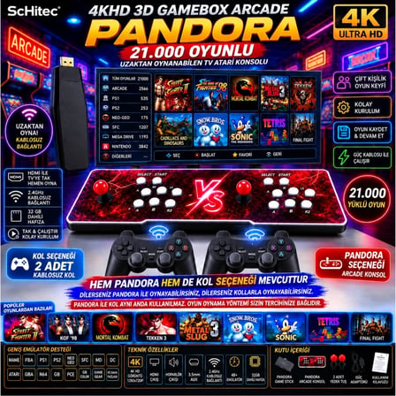 ScHitec 4KHD 3D Gamebox Arcade Pandora 21.000 Oyunlu + 2 Adet Kablosuz Kol Uzaktan Oynanabilir TV Konsolu