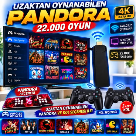 ScHitec 4KHD 3D Gamebox Arcade Pandora 22.000 Oyunlu + 2 Adet Kablosuz Kol Uzaktan Oynanabilir TV Konsolu