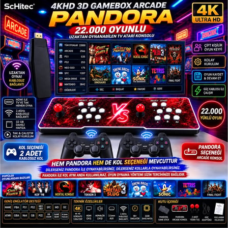 ScHitec 4KHD 3D Gamebox Arcade Pandora 22.000 Oyunlu + 2 Adet Kablosuz Kol Uzaktan Oynanabilir TV Konsolu