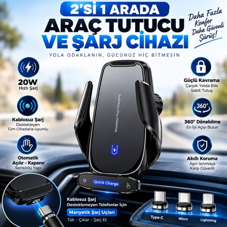 ScHitec 20W Sensörlü Araç İçi Kablosuz Hızlı Şarj Aleti ve Telefon Tutucu