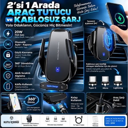 ScHitec 20W Sensörlü Araç İçi Kablosuz Hızlı Şarj Aleti ve Telefon Tutucu