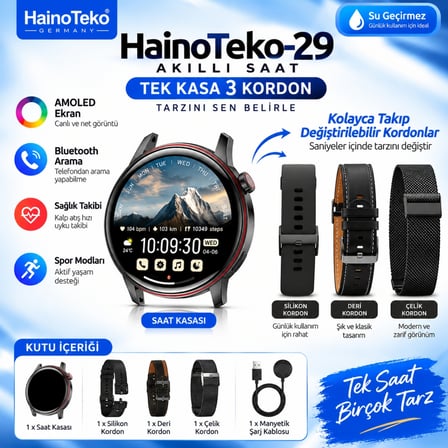 HainoTeko-29 Waterproof Akıllı Saat AMOLED Ekran Bluetooth Arama 3 Kordon Set Siyah