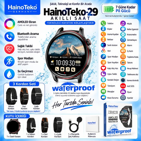 HainoTeko-29 Waterproof Akıllı Saat AMOLED Ekran Bluetooth Arama 3 Kordon Set Siyah
