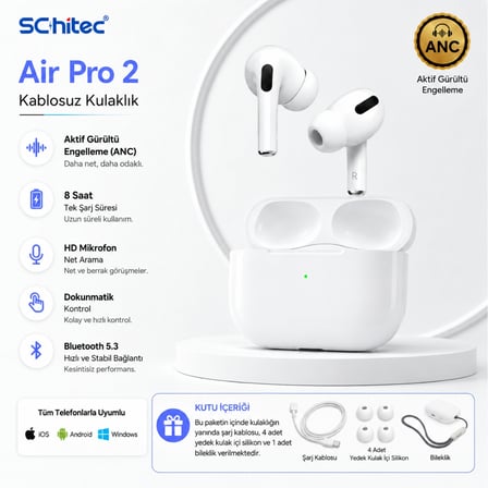Air Pro 2 ANC Gürültü Engelleyici Bluetooth İOS Android Uyumlu Şarj Kablolu ve Bileklikli Kulaklık