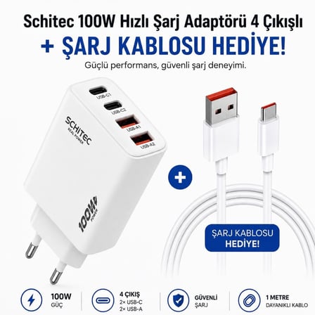 SChitec 100W 4 Çıkışlu Hızlı Şarj Başlığı ve 6A 120W UsbA to Type-C Hızlı Data ve Turbo HEDİYE