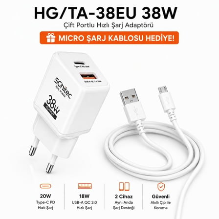 SChitec 38W 2 Çıkışlu Hızlı Şarj Başlığı ve 67W UsbA to Micro ve Hızlı Şarj Kablosu HEDİYE 