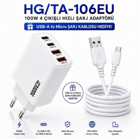 SChitec 100W 4 Çıkışlı Hızlı Şarj Başlığı  ve 67W UsbA to Micro ve Hızlı Şarj Kablosu 1M HEDİYE 