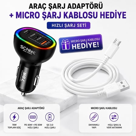 Schitec  3 Portlu Araç Şarj Aleti ve 67W UsbA to Micro Data ve Hızlı Şarj Kablosu 1M Beyaz HEDİYE 