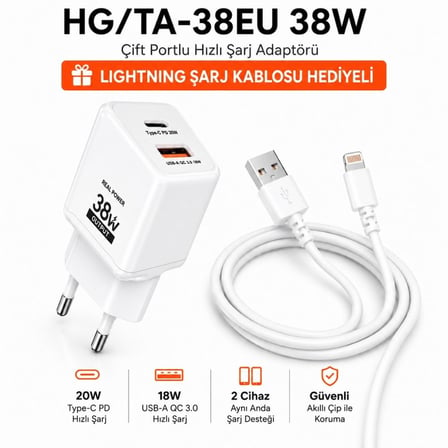 SChitec 38W 2 Çıkışlı Hızlı Şarj Başlığı ve 67W UsbA to Lightning ve Hızlı Şarj Kablosu 1M HEDİYE 