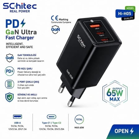Schitec GaN 65W Ultra Hızlı Şarj Cihazı 3 Çıkışlı Hızlı Şarj Aleti Başlığı ve 67W UsbA to Lightning Data ve Hızlı Şarj Kablosu 1M Beyaz HEDİYE 