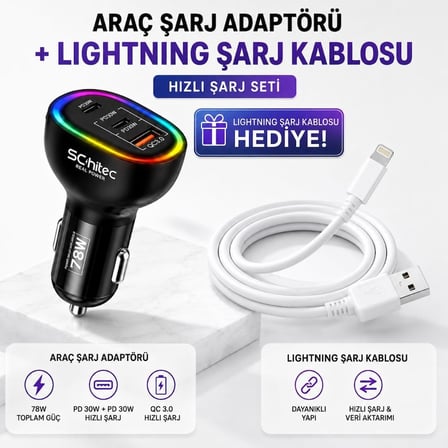Schitec  3 Portlu Araç Şarj Aleti ve 67W UsbA to Lightning Data ve Hızlı Şarj Kablosu 1M Beyaz HEDİYE 