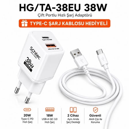 SChitec 38W 2 Çıkışlu Hızlı Şarj Başlığı  ve 67W UsbA to Type-C ve Hızlı Şarj Kablosu 1M HEDİYE 