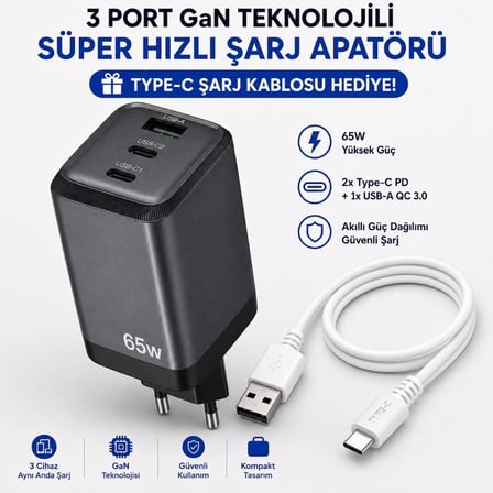 SChitec 65W GaN 3 Çıkışlı Hızlı Şarj Başlığı ve 67W UsbA to Type-C Data ve Hızlı Şarj Kablo HEDİYE 