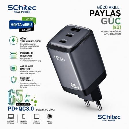 SChitec 65W GaN 3 Çıkışlı Hızlı Şarj Başlığı ve 67W UsbA to Type-C Data ve Hızlı Şarj Kablo HEDİYE 