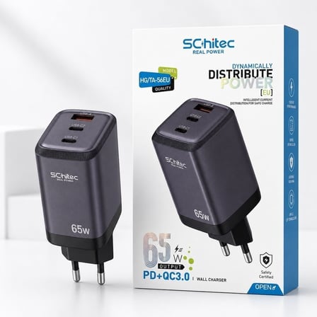SChitec 65W GaN 3 Çıkışlı Hızlı Şarj Başlığı ve 67W UsbA to Type-C Data ve Hızlı Şarj Kablo HEDİYE 