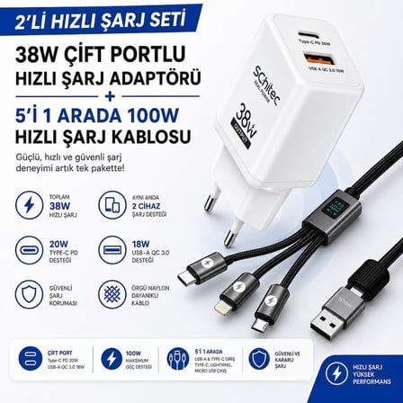 SChitec 38W 2 Çıkışlu Hızlı Şarj Başlığı  ve 5in1 100W Göstergeli Type-C ve UsbA Girişli Micro Type-C Lightning Çıkışlı Hızlı Şarj  