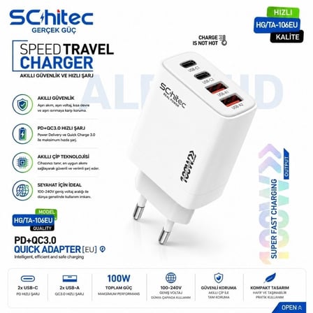 SChitec 100W 4 Çıkışlu Hızlı Şarj Başlığı ve 5in1 100W Göstergeli Type-C ve UsbA Girişli Micro Type-C Lightning Çıkışlı Hızlı Şarj  