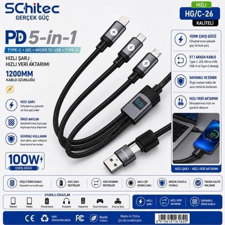 SChitec 100W 4 Çıkışlu Hızlı Şarj Başlığı ve 5in1 100W Göstergeli Type-C ve UsbA Girişli Micro Type-C Lightning Çıkışlı Hızlı Şarj  