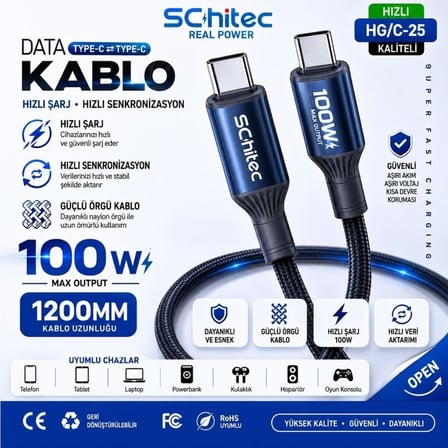 SChitec 38W 2 Çıkışlu Hızlı Şarj Başlığı  ve 100W Type-C to Type-C Süper Hızlı Şarj Kablosu 1.2 Metre
