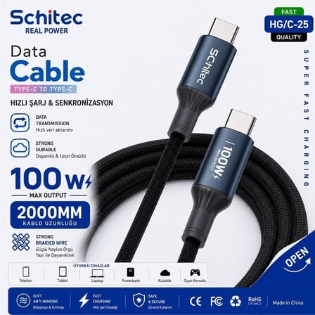 SChitec 38W 2 Çıkışlu Hızlı Şarj Başlığı  ve 100W Type-C to Type-C Süper Hızlı Şarj Kablosu 2 Metre