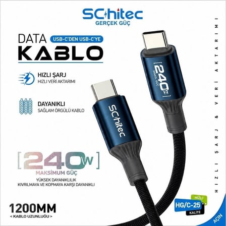 SChitec 38W 2 Çıkışlu Hızlı Şarj Başlığı  ve 240W Type-C to Type-C Süper Hızlı Şarj Kablosu