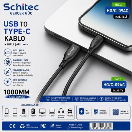 SChitec 38W 2 Çıkışlı Hızlı Şarj Başlığı ve USB-A to Type-C 60W Hızlı Data ve Şarj Kablosu 