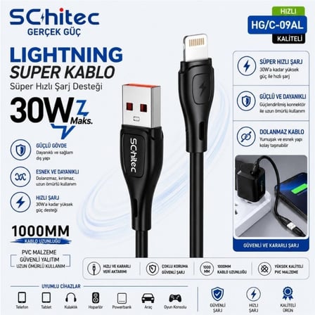SChitec 38W 2 Çıkışlı Hızlı Şarj Başlığı ve USB-A to Lightning 30W Hızlı Data ve Şarj Kablosu 