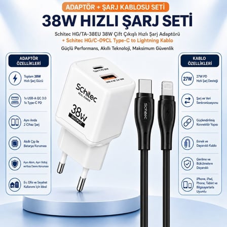 SChitec 38W 2 Çıkışlı Süper Hızlı Şarj Başlığı ve 60W Type-C to Lightning Hızlı Şarj ve Data Kablosu Siyah