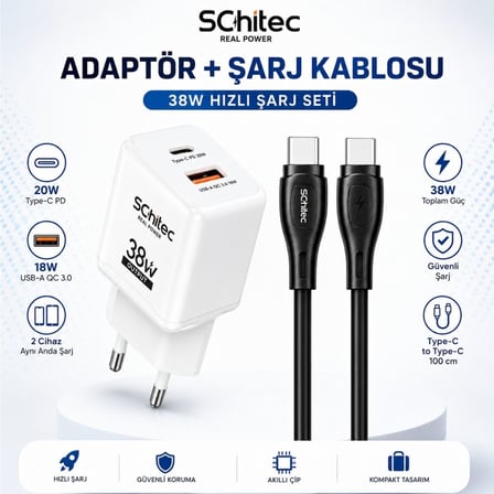 SChitec 38W 2 Çıkışlı Hızlı Şarj Başlığı ve 60W Type-C to Type-C Hızlı Şarj ve Data Kablosu Siyah