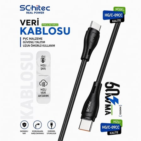 SChitec 38W 2 Çıkışlı Hızlı Şarj Başlığı ve 60W Type-C to Type-C Hızlı Şarj ve Data Kablosu Siyah