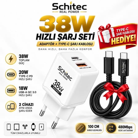  SChitec 38W Çift Çıkışlı Hızlı Adaptör ve 120W USB-A to Type-C Örgülü Data ve Hızlı Şarj Kablosu