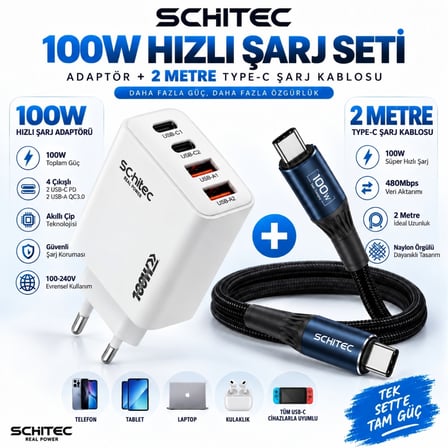 SChitec 100W 4 Çıkışlu Hızlı Şarj Başlığı  ve 100W Type-C to Type-C Süper Hızlı Şarj Kablosu