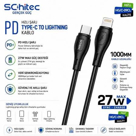 SChitec 100W 4 Çıkışlu Süper Hızlı Şarj Başlığı ve 60W Type-C to Lightning Hızlı Şarj ve Data Kablosu Siyah