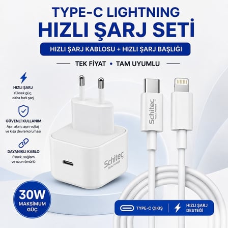 SChitec 30W Type-C Çıkışlı Hızlı Şarj Adapörü Başlığı ve Type-C to Lightning  ve Hızlı Şarj Kablosu