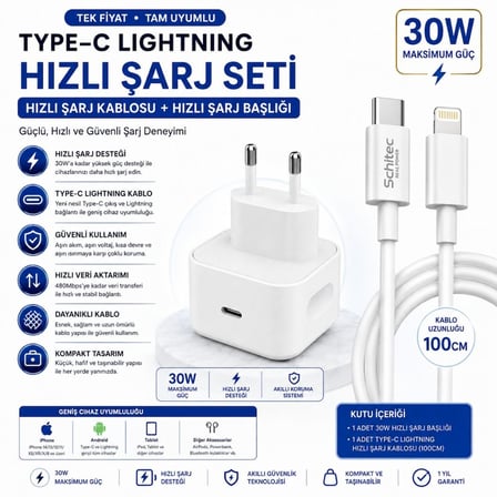 SChitec 30W Type-C Çıkışlı Hızlı Şarj Adapörü Başlığı ve Type-C to Lightning  ve Hızlı Şarj Kablosu