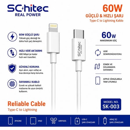 SChitec 30W Type-C Çıkışlı Hızlı Şarj Adapörü Başlığı ve Type-C to Lightning  ve Hızlı Şarj Kablosu