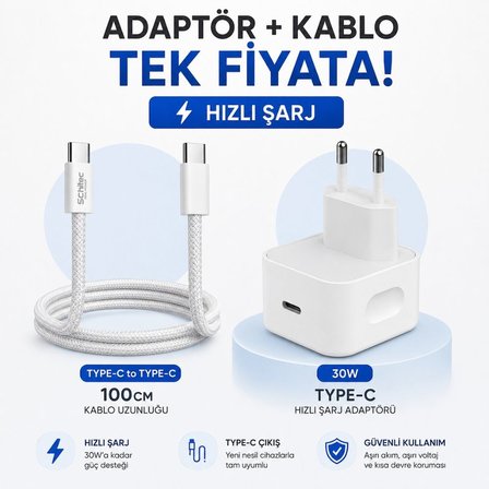Schitec 30W Hızlı Şarj Adaptörü UCB-C+60W Type-C to Type-C Örgülü Data ve Hızlı Şarj Kablosu 