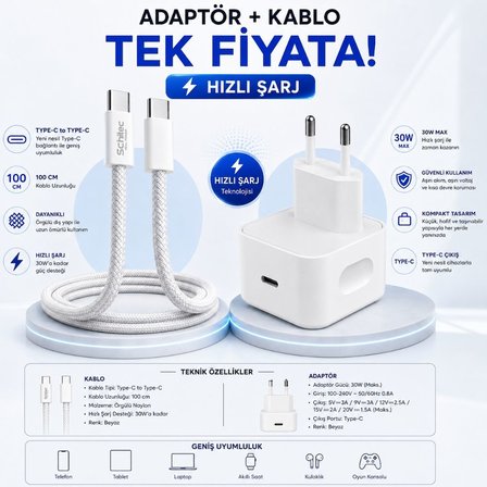 Schitec 30W Hızlı Şarj Adaptörü UCB-C+60W Type-C to Type-C Örgülü Data ve Hızlı Şarj Kablosu 