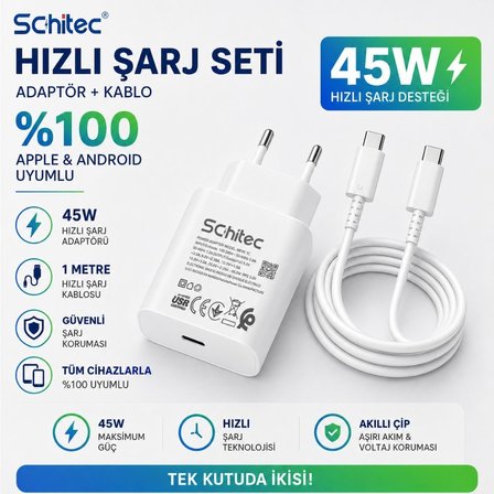 Schitec 45W Hızlı Şarj Adaptörü ve 1 Metre Type-C Type-C Hızlı Şarj Kablo Set Beyaz