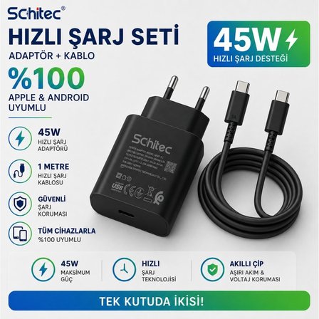 Schitec 45W Hızlı Şarj Adaptörü ve 1 Metre Type-C Type-C Hızlı Şarj Kablo Set Siyah