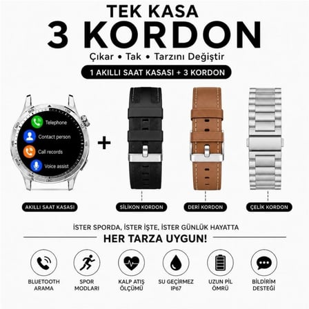 Haino Teko-33 Akıllı Saat Gümüş 1 Kasa 3 Değiştirilebilir Kordon  AMOLED Ekran Bluetooth Arama   