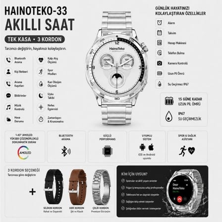 Haino Teko-33 Akıllı Saat Gümüş 1 Kasa 3 Değiştirilebilir Kordon  AMOLED Ekran Bluetooth Arama   