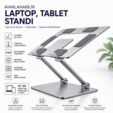 Schitec Metal Ayarlanabilir Laptop,Tablet,Macbook,Matebook Yükseltici Katlanabilir Stand Tutucu Gri