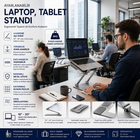 Schitec Metal Ayarlanabilir Laptop,Tablet,Macbook,Matebook Yükseltici Katlanabilir Stand Tutucu Gri