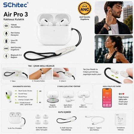 Schitec Air Pro3 ANC Bluetooth İOS Android Uyumlu Aktif Gürültü Engelleme Mikrofonlu Beyaz Kulaklık