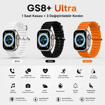 Schitec GS8 Ultra Android İos HarmonyOs Uyumlu 3 Değiştirilebilir Kordon Gümüş Kasa