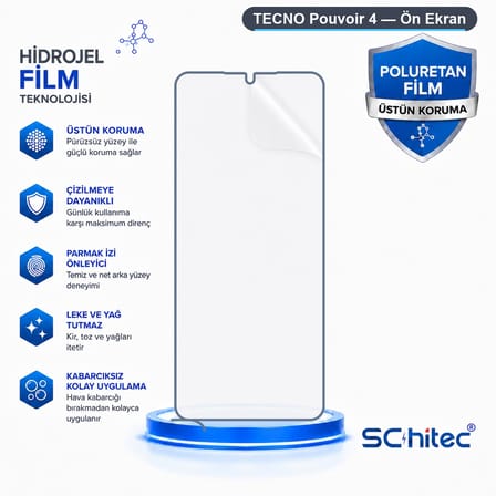 SChitec TECNO Pouvoir 4 Uyumlu Ön Yüzey Nano Şeffaf Hidrojel Ekran Koruyucu