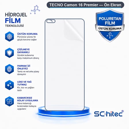 SChitec TECNO Camon 16 Premier Uyumlu Ön Yüzey Nano Şeffaf Hidrojel Ekran Koruyucu