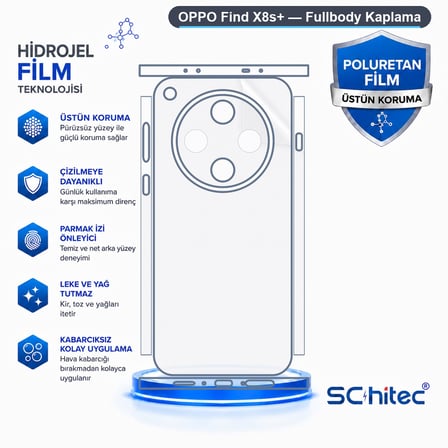 SChitec OPPO Find X8s+ Uyumlu Fullbody Arka Kaplama Hidrojel Koruyucu Film