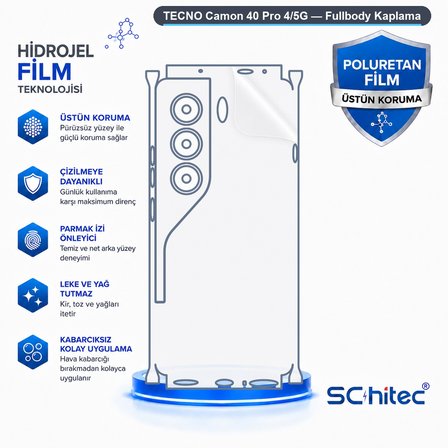 SChitec TECNO Camon 40 Pro 4/5G Uyumlu Fullbody Arka Kaplama Hidrojel Koruyucu Film